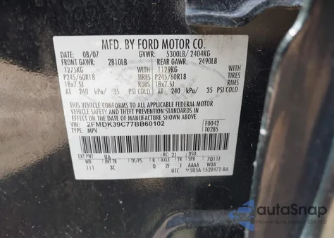 2007 Ford Edge Sel Plus from USA, damaged, VIN 2FMDK39C77BB60102